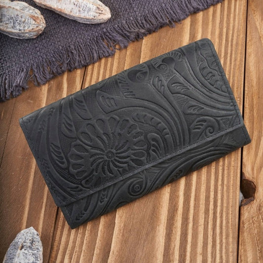 Moterims odinė vintage juoda piniginė su gėlėmis, didelė, madinga Paolo Peruzzi