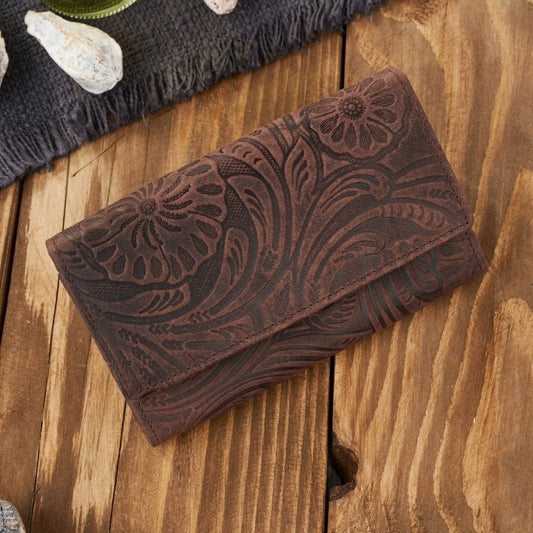 Didelė odinė vintažinė gėlėta moteriška piniginė, ruda, madinga Paolo Peruzzi