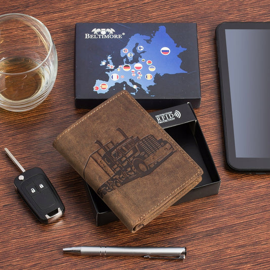 Vyriška odinė piniginė, ruda, nubukas, oda, TIR RFiD, Beltimore, vertikali