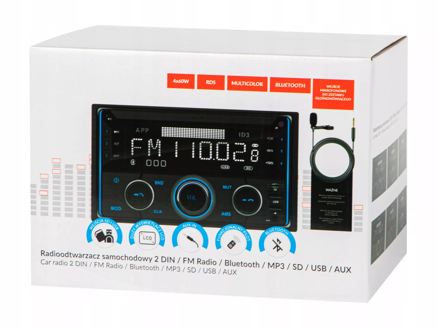 Automobilinis radijas 2-DIN Bluetooth USB SD RDS LCD RGB Mikrofonas Pilot