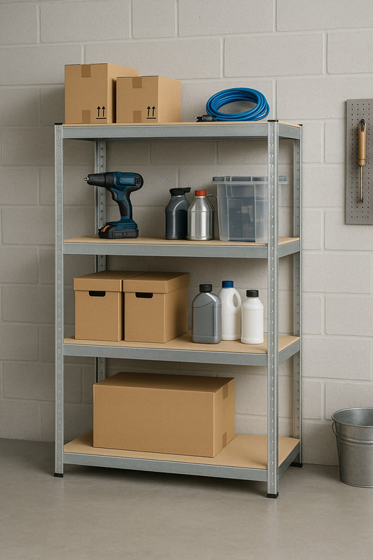 METALINIS SANDĖLIAVIMO STELAŽAS 150x75x30cm 4 MDF LENTYNOS 150kg 600kg GARAŽUI