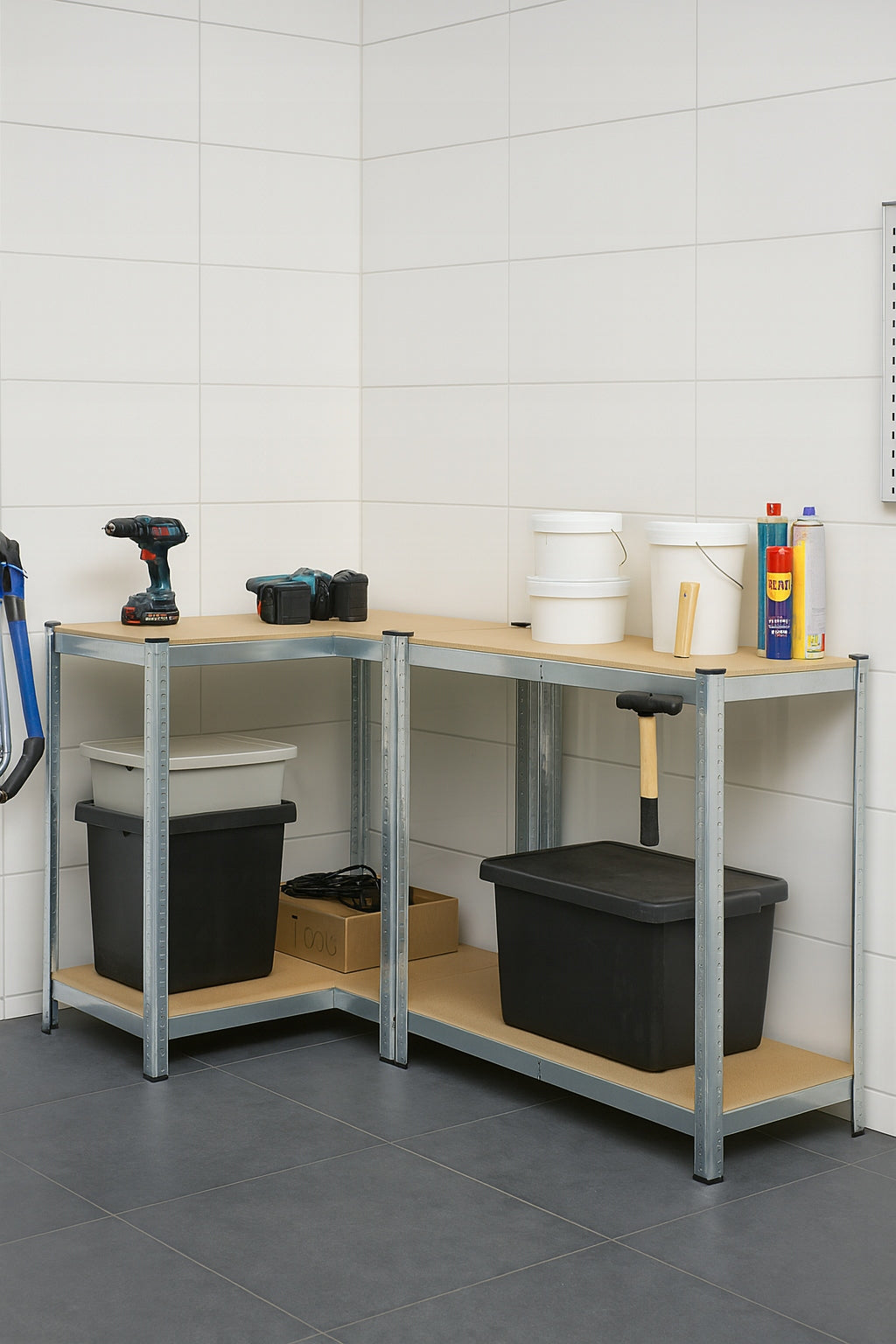 METALINIS SANDĖLIAVIMO STELAŽAS 150x75x30cm 4 MDF LENTYNOS 150kg 600kg GARAŽUI