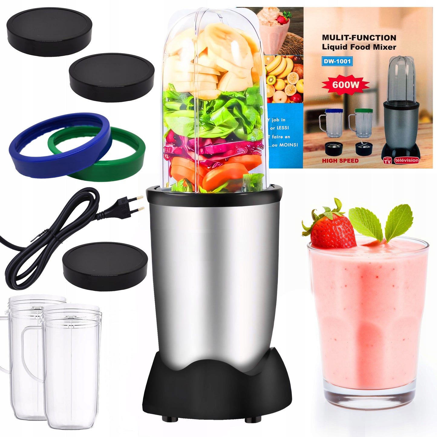 Daugiafunkcis virtuvinis kombainas-blenderis su ąsočiu, 600W, + 2 dideli 470 ml puodeliai