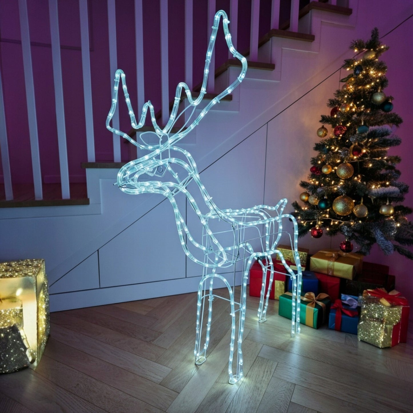 Kalėdinis LED briedis, šviečiantis lauke, didelė XXL dekoracija 125, šaltai balta