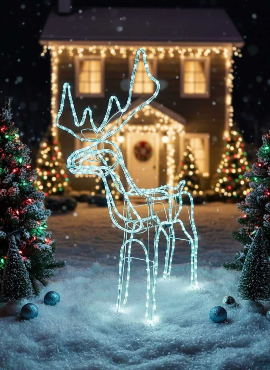 Kalėdinis LED briedis, šviečiantis lauke, didelė XXL dekoracija 125, šaltai balta