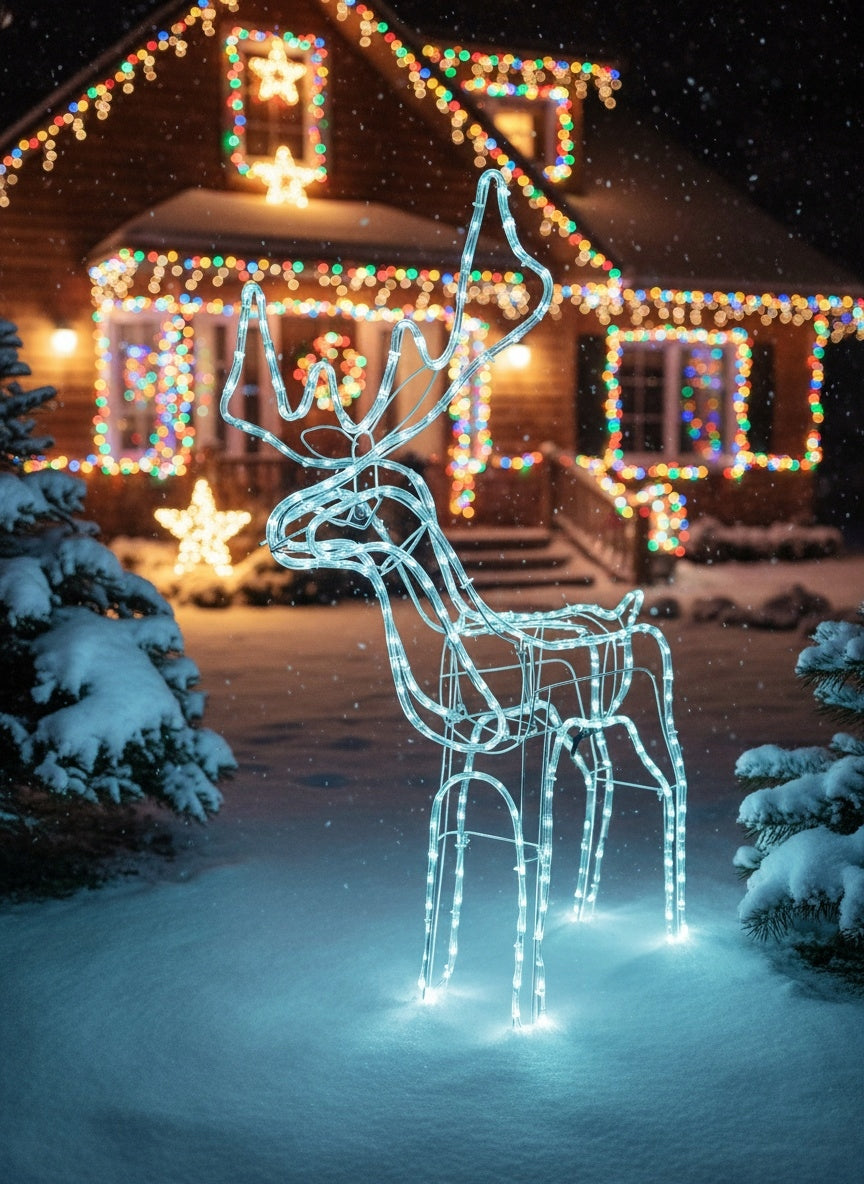 Kalėdinis LED briedis, šviečiantis lauke, didelė XXL dekoracija 125, šaltai balta