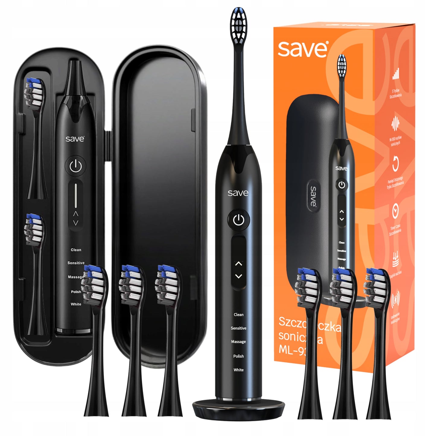 Elektrinis sonic dantų šepetėlis, įkrovimo bazė + 6 antgaliai, dėklas