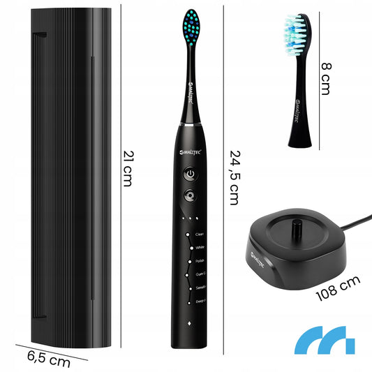 Elektrinis sonic dantų šepetėlis, atsparus vandeniui, su 6 antgaliais ir dėklu.