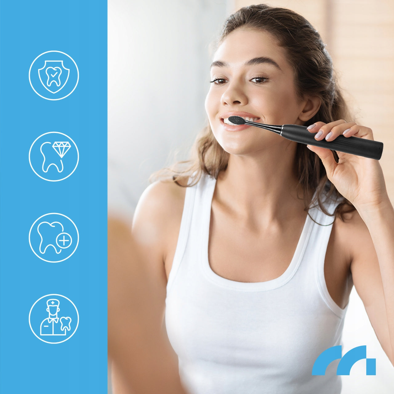 Elektrinis sonic dantų šepetėlis, atsparus vandeniui, su 6 antgaliais ir dėklu.