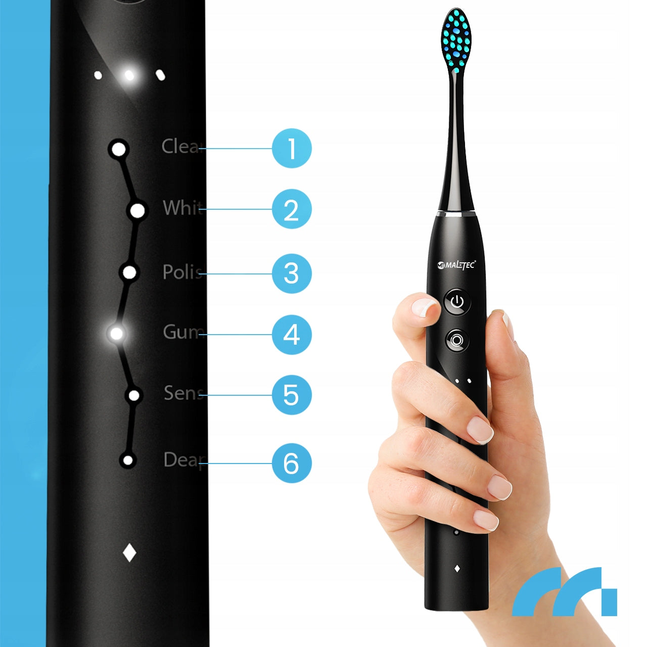 Elektrinis sonic dantų šepetėlis, atsparus vandeniui, su 6 antgaliais ir dėklu.