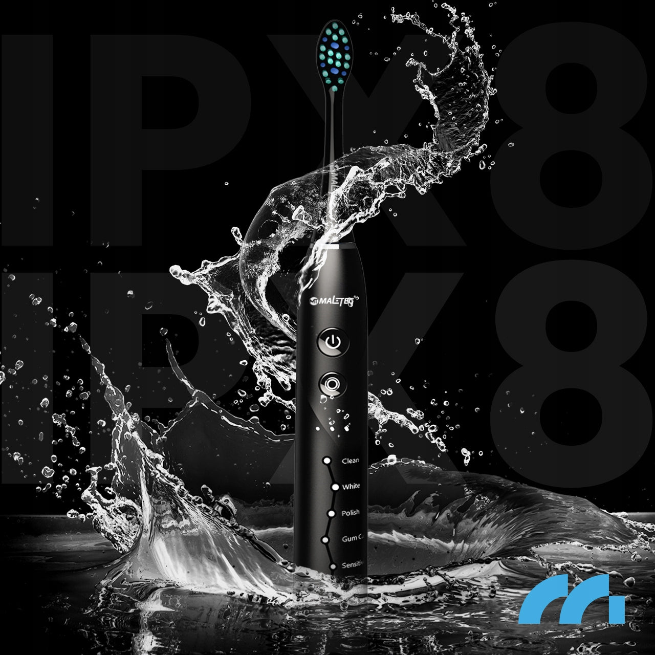 Elektrinis sonic dantų šepetėlis, atsparus vandeniui, su 6 antgaliais ir dėklu.