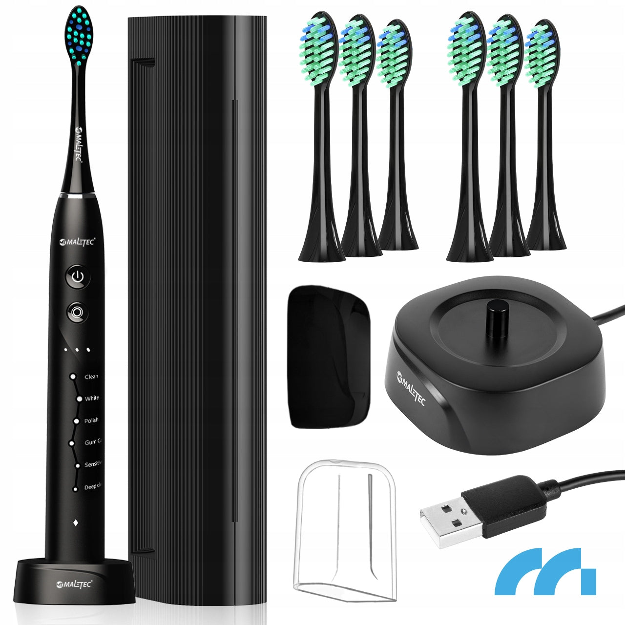 Elektrinis sonic dantų šepetėlis, atsparus vandeniui, su 6 antgaliais ir dėklu.