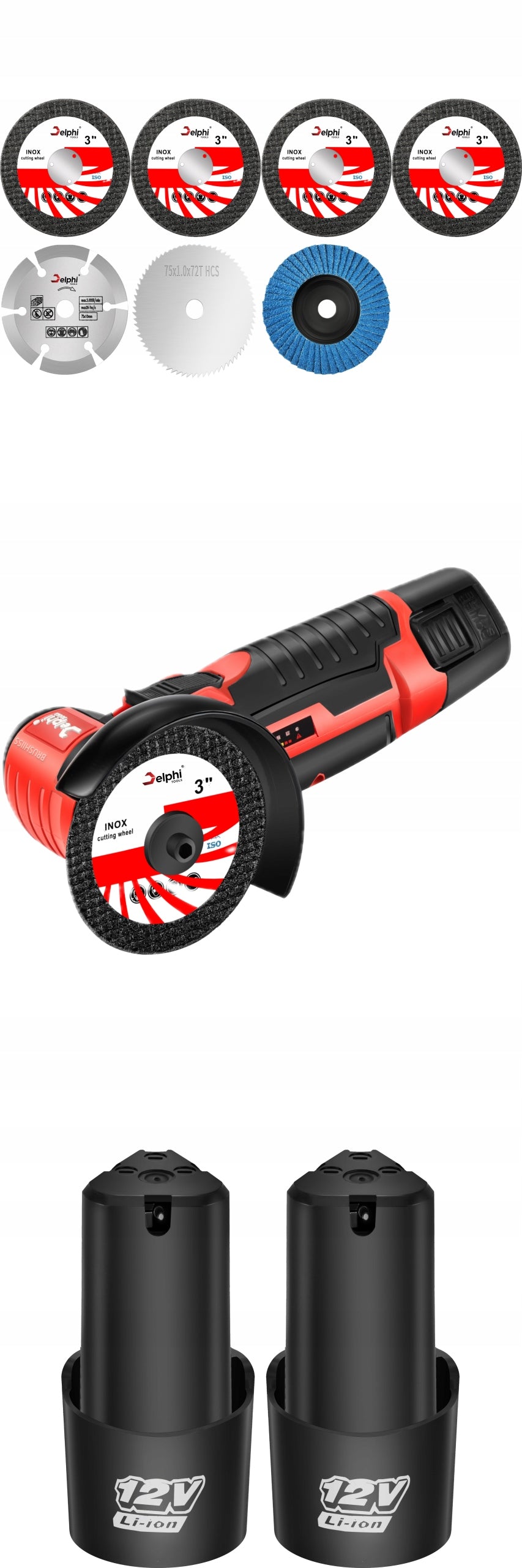 Mini Akumuliatorinis Kampinis Šlifuoklis su Bešepetėline Pavara, 2x Akumuliatoriai, 7x Šlifavimo Diskeliai