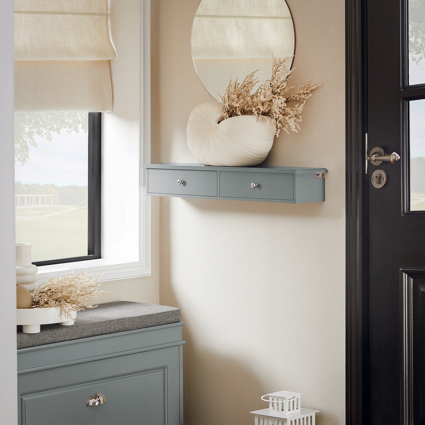 SoBuy Pilka pakabinama sieninė lentyna su 2 stalčiais svetainei FRG43-HG