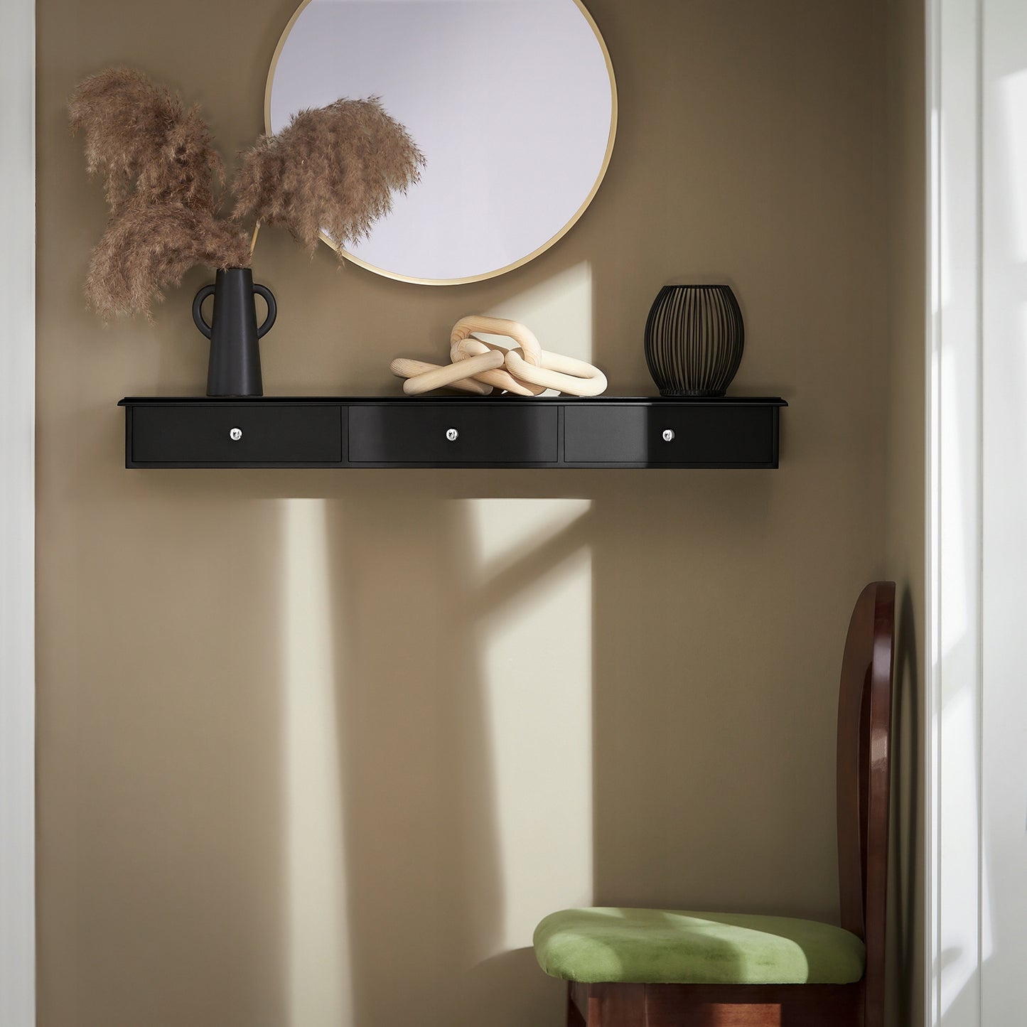 Sobuy Sieninė pakabinama lentyna su 3 stalčiais, miegamojo lentyna FRG43-L-SCH