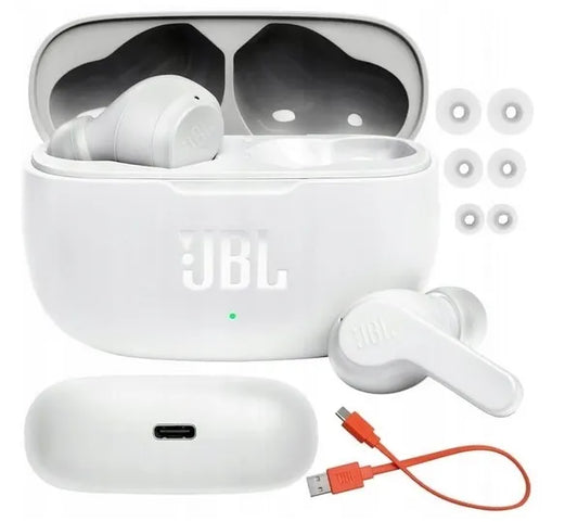 JBL Wave 200 TWS baltos belaidės ausinės su įkrovimo dėklu