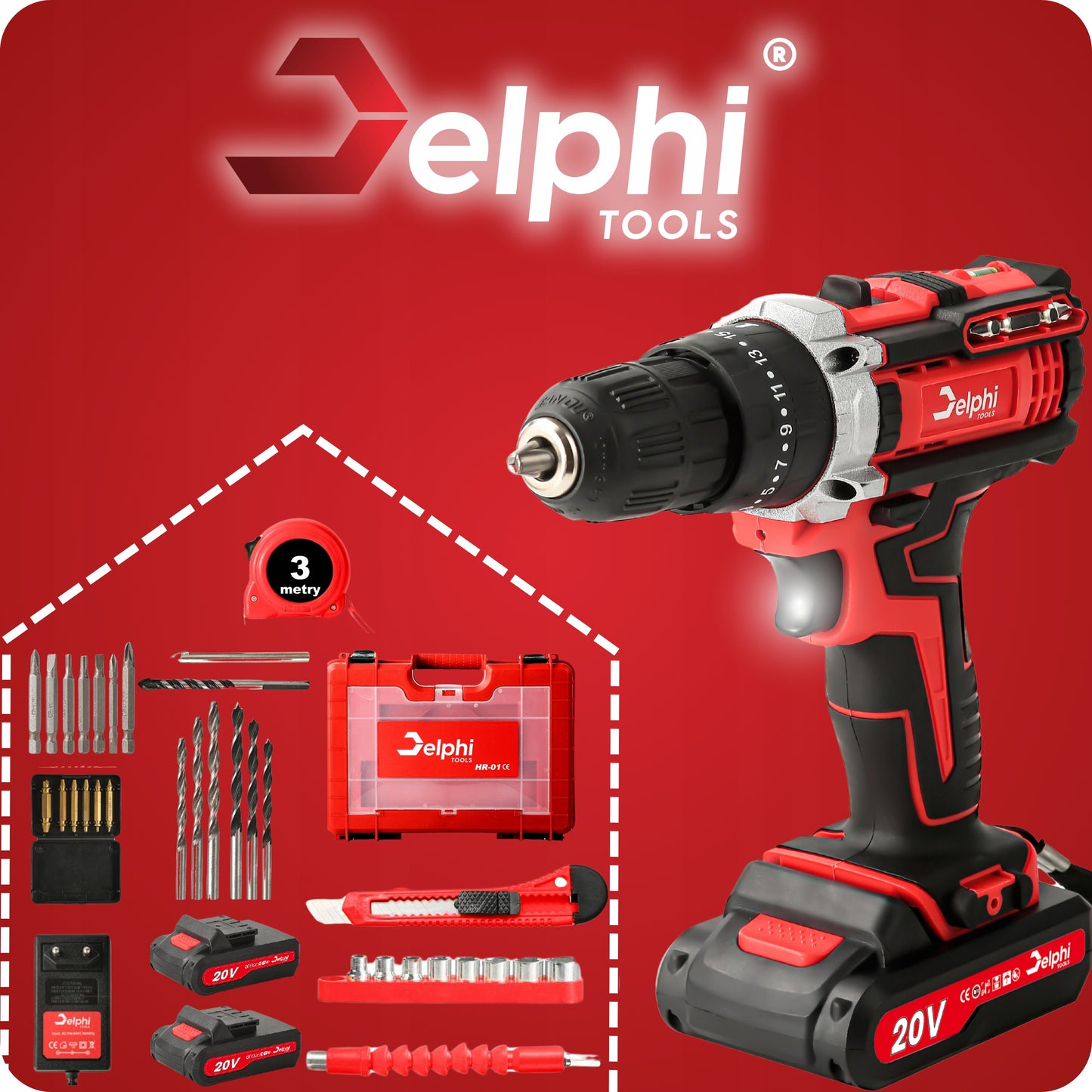 Akumuliatorinis smūginis gręžtuvas-suktuvas, galingas, 20V, su 2 akumuliatoriais