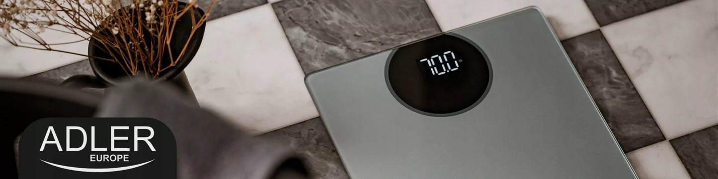 Elektroninės vonios svarstyklės stiklinės, tikslios, sidabrinės, LED, iki 180kg