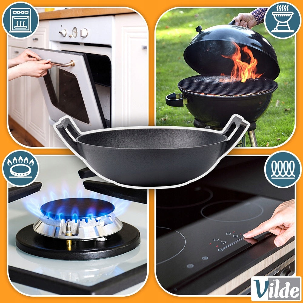 Ketaus WOK didelė keptuvė kepimui, troškinimui ant viryklės, laužo 32 cm