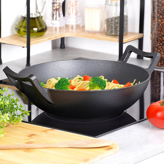 Ketaus WOK didelė keptuvė kepimui, troškinimui ant viryklės, laužo 32 cm