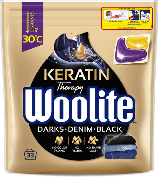 Woolite Dark juodų drabužių skalbimo kapsulės su keratino spalva, 33 vnt.