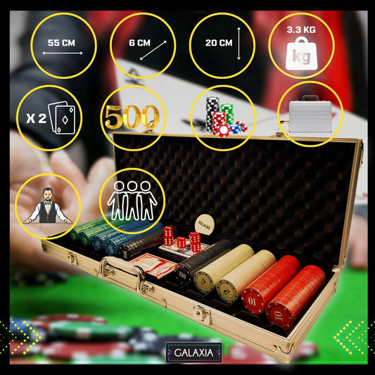 Pokerio rinkinys su 500 žetonų, kortomis ir lagaminu