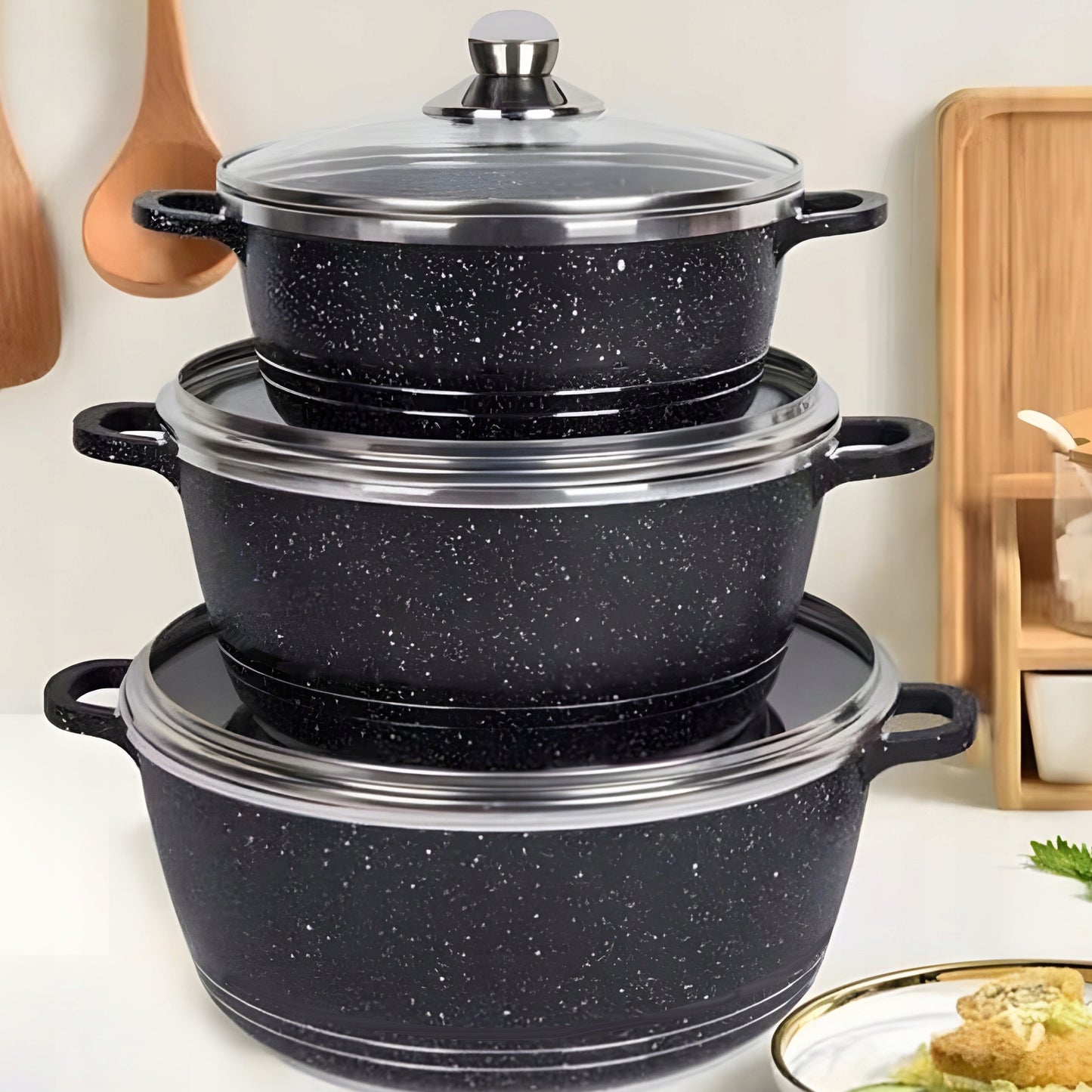 MARMURO PADENGIMO PUODŲ RINKINYS DUJINĖMS IR INDUKCINĖMS VIRYKLĖMS, 12 ELEMENTŲ, SU KELIAIS