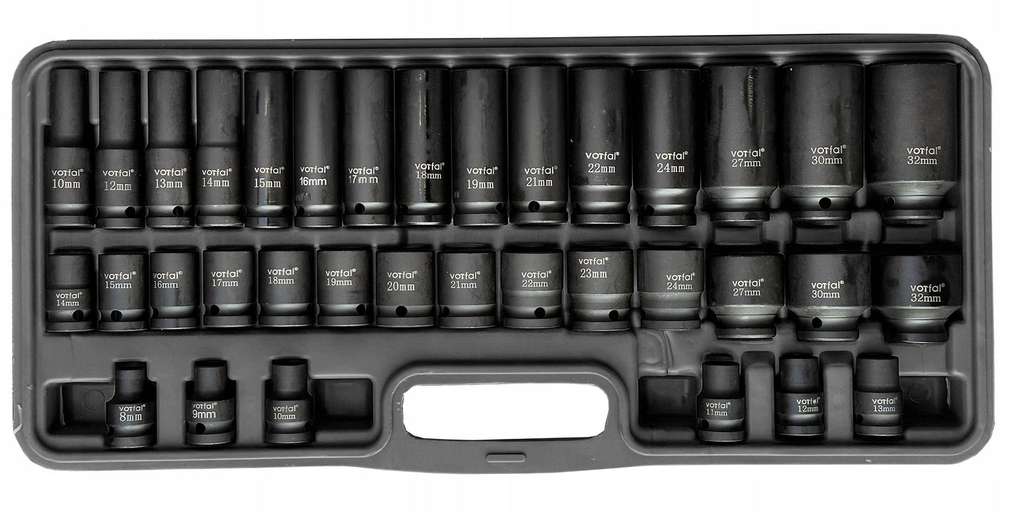 Smūginių lizdų rinkinys 8-32, 1/2" smūginiai lizdai, 35 elementai, dėklas