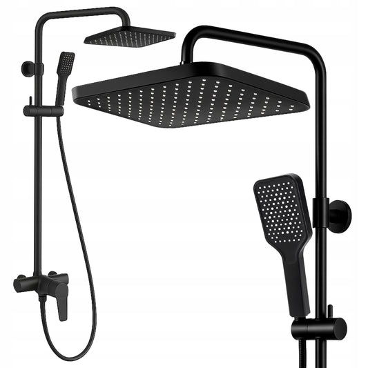 Juodas sieninis dušo komplektas su lietaus ir rankine galvutėmis