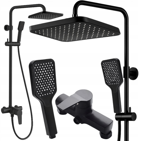 Juodas sieninis dušo komplektas su lietaus ir rankine galvutėmis