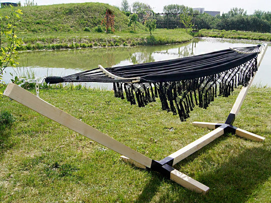 Nešiojamas dvivietis hamakas su stovu BOHO JUODAS, COMFORT ZONE 200kg