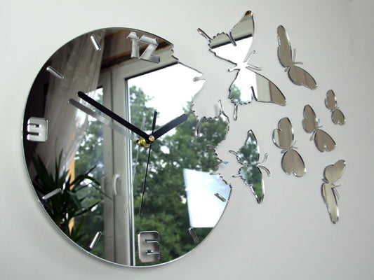 ModernClock sieninis laikrodis - Drugeliai Veidrodis DIY