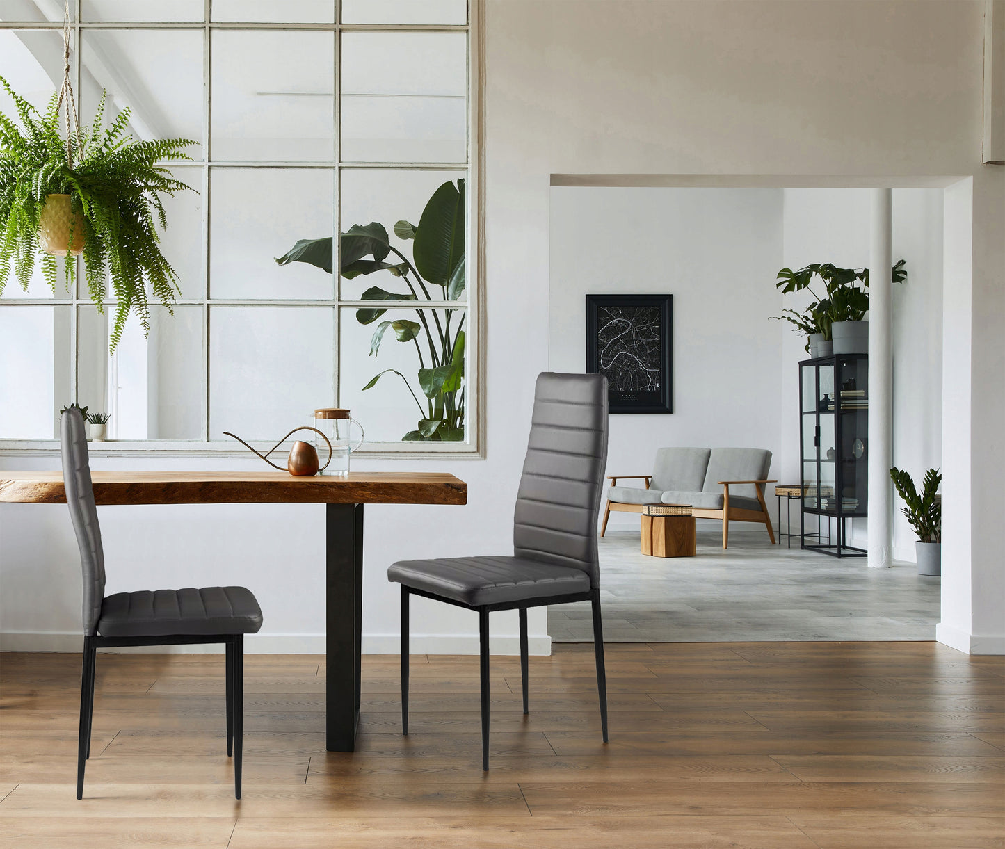 Valgomojo ir svetainės kėdžių komplektas iš eko odos, 4 vnt., su aukštu atlošu, pilkos spalvos