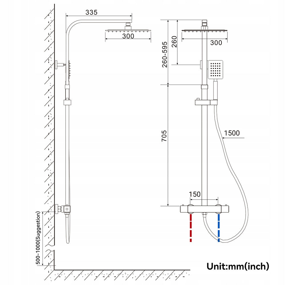 Dušo komplektas su termostatu iš nerūdijančio plieno, reguliuojamas aukštis 96,5–130 cm
