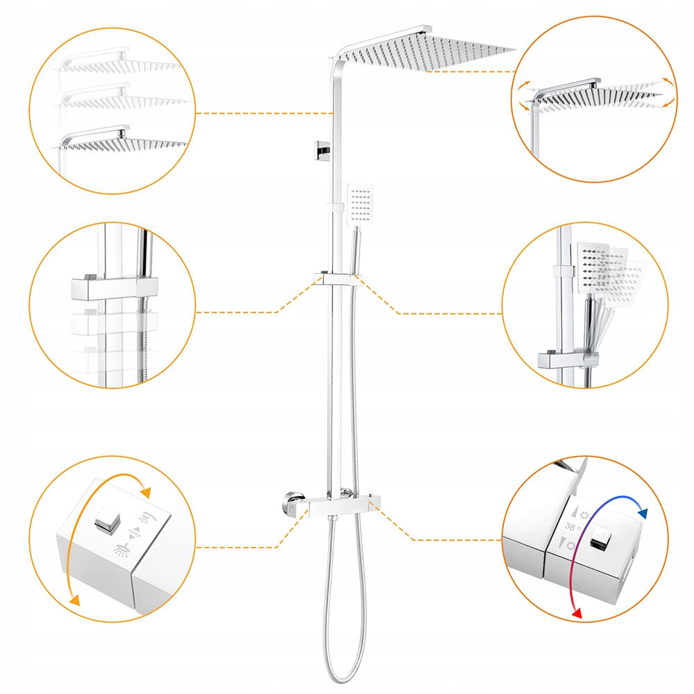 Dušo komplektas su termostatu iš nerūdijančio plieno, reguliuojamas aukštis 96,5–130 cm