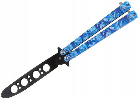 Balisong treniruojamas peilis, melsva rankena, juoda buka geležtė