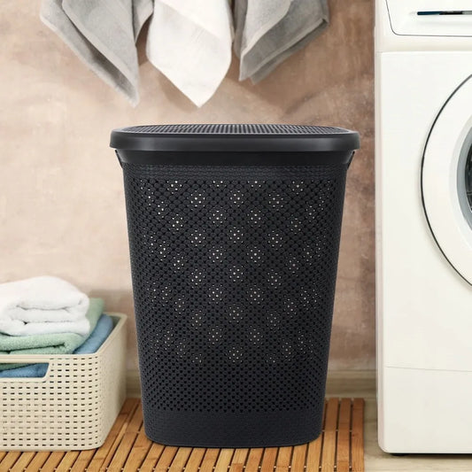 „Bathroom Solutions“ juodas plastikinis skalbinių krepšys su dangčiu, 60 l