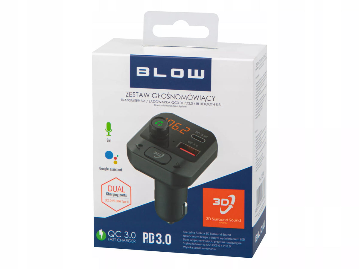 BLOW automobilinis „Bluetooth“ FM siųstuvas su įkrovikliu, USB-C PD 30 W, QC3.0, USB ir „microSD“
