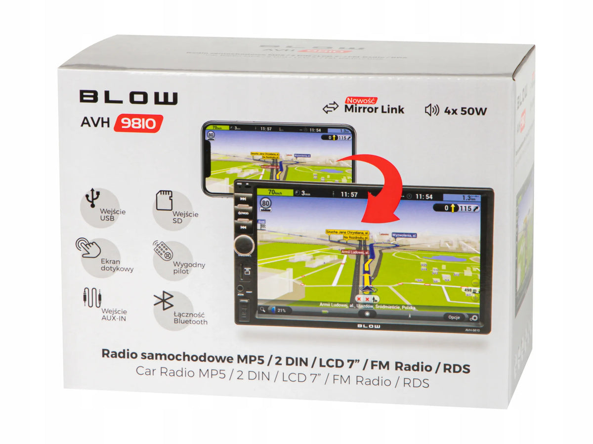 BLOW AVH-9810 2-DIN automobilinis grotuvas su „Bluetooth“, 7 colių jutikliniu ekranu, RDS, USB, AUX, 4 × 50 W ir nuotolinio valdymo pulteliu