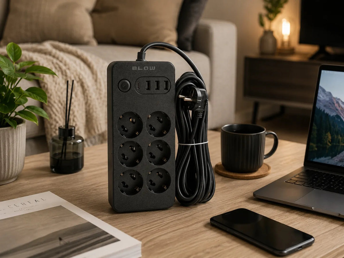 BLOW maitinimo ilgintuvas su jungikliu, 3 USB ir USB-C jungtimis, 6 lizdai, 5 m