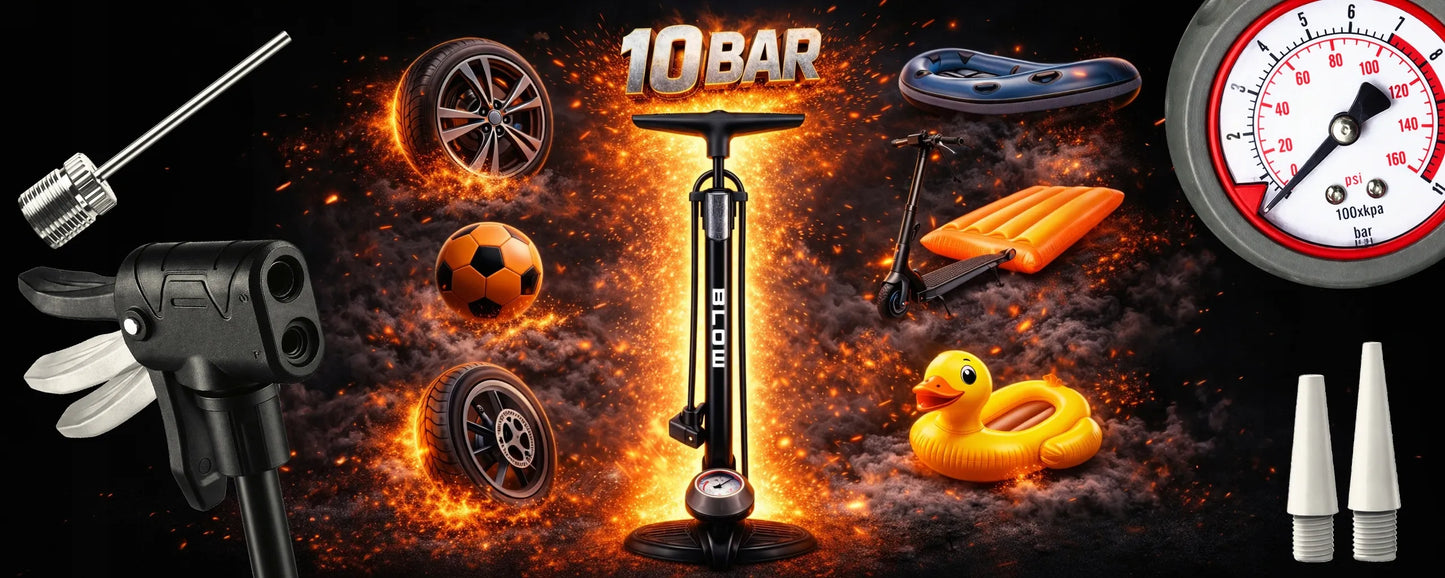 BLOW rankinė dviračio pompa su manometru 10 bar, stovinti, skirta dviračiams, kamuoliams ir automobiliams