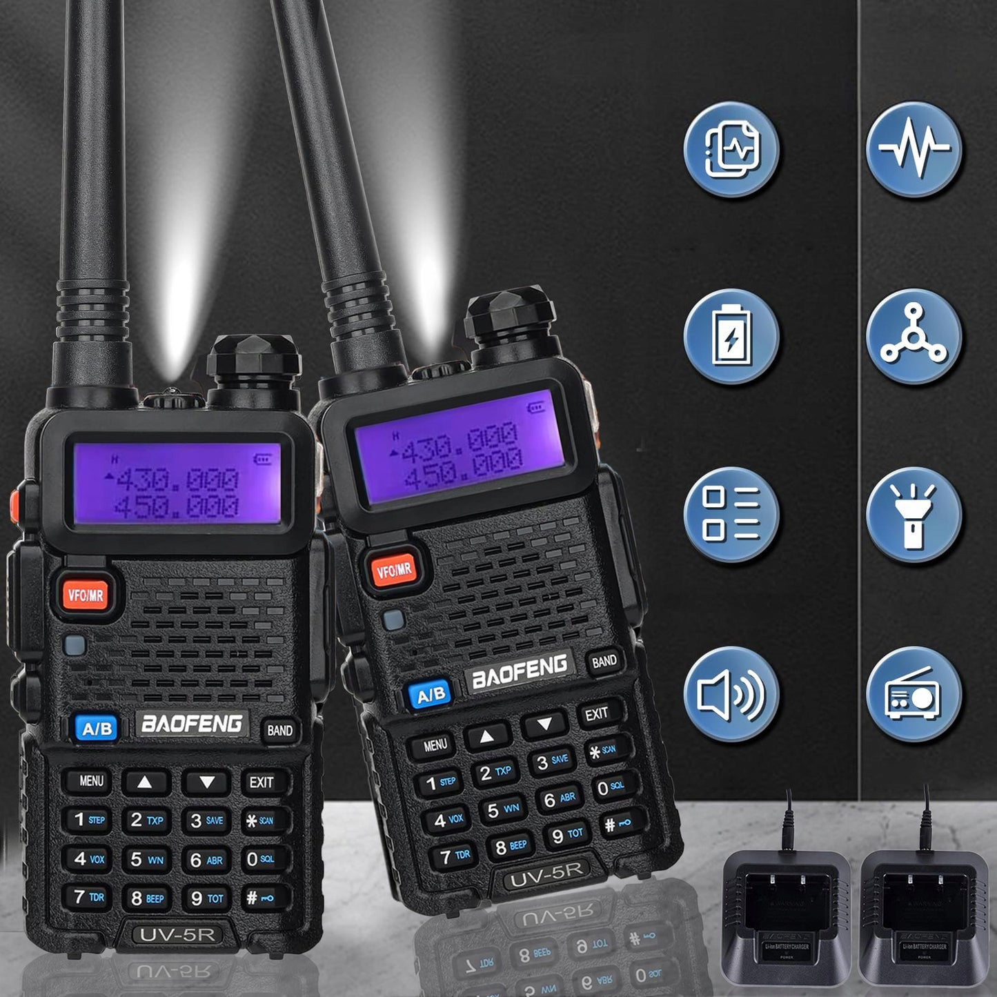 2 vnt. Baofeng UV-5R OEM HTQ RADIOTELEFONINIS SIŲSTUVAS-IMTUVAS SKENERIS