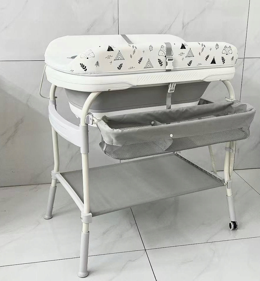 2in1 vonelė su stovu ir pervystymo stalu, su termometru, sulankstoma, su ratukais