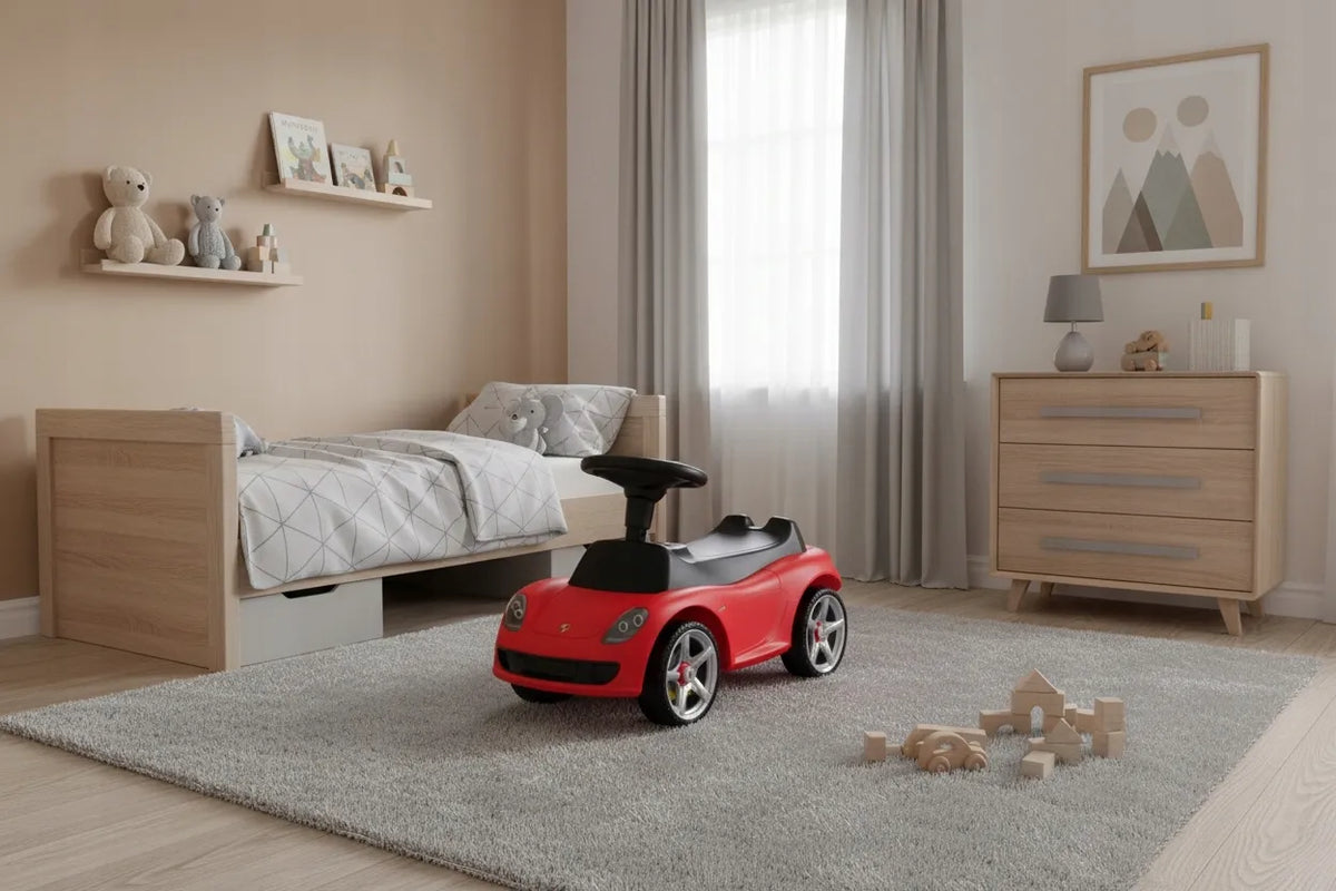 Coil Porsche raudonas vaikiškas važinėjamas automobilis su muzika