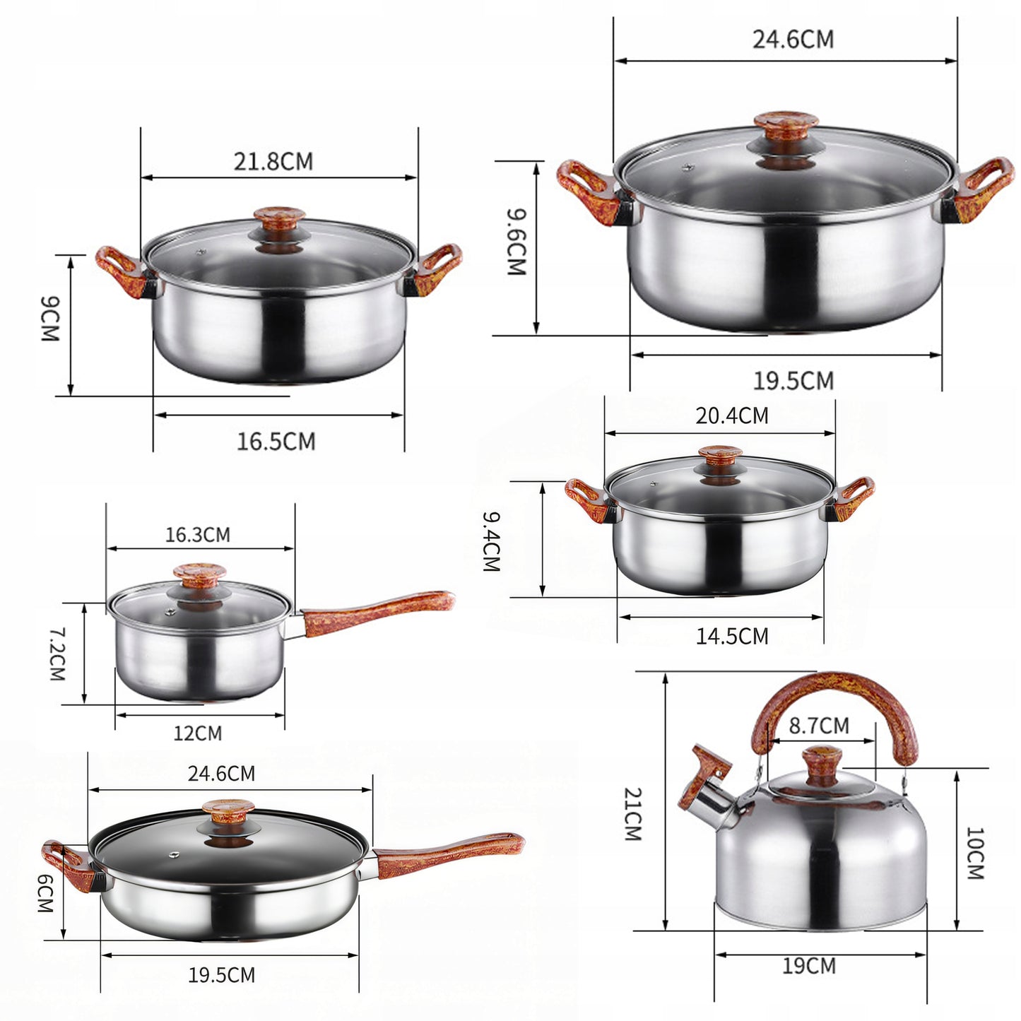 11 VIENETŲ VIRTUVĖS PUODŲ KOMPLEKTAS DUJOMS, INDUKCIJAI, ARBATINUKAS, KEPTUVĖ + DANGČIAI