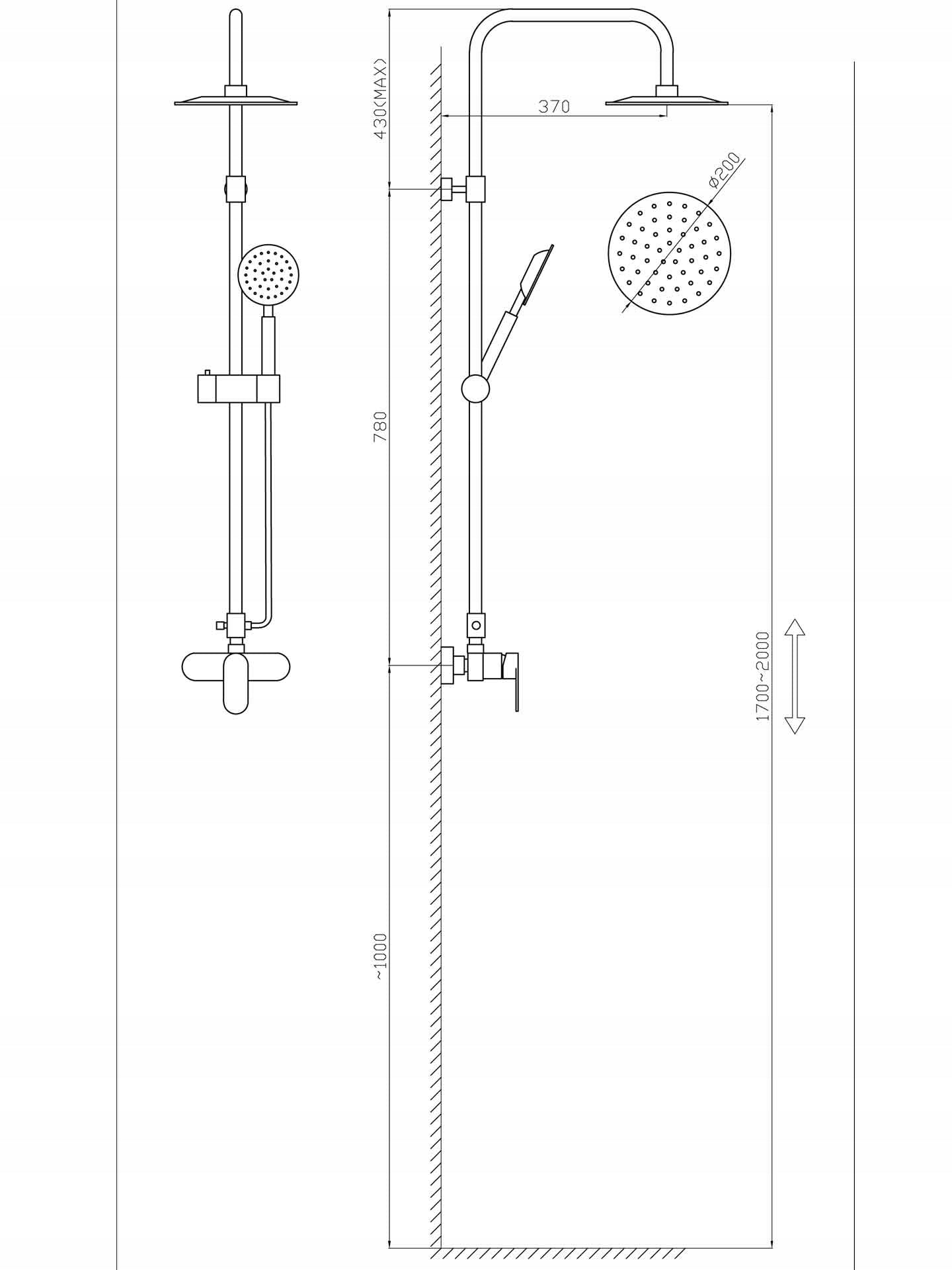Lietaus dušas 1,5 m 170-200 skersmuo 20 cm žalvario juodas dušo komplektas