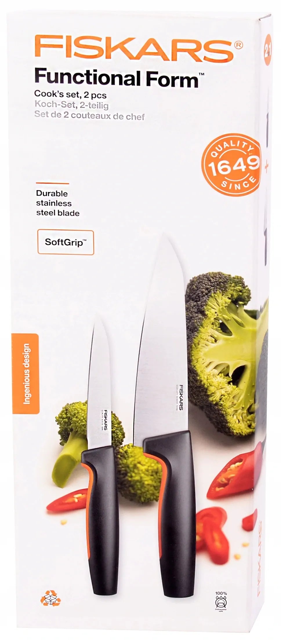 FISKARS 2 dalių peilių rinkinys: šefo peilis ir peilis daržovėms