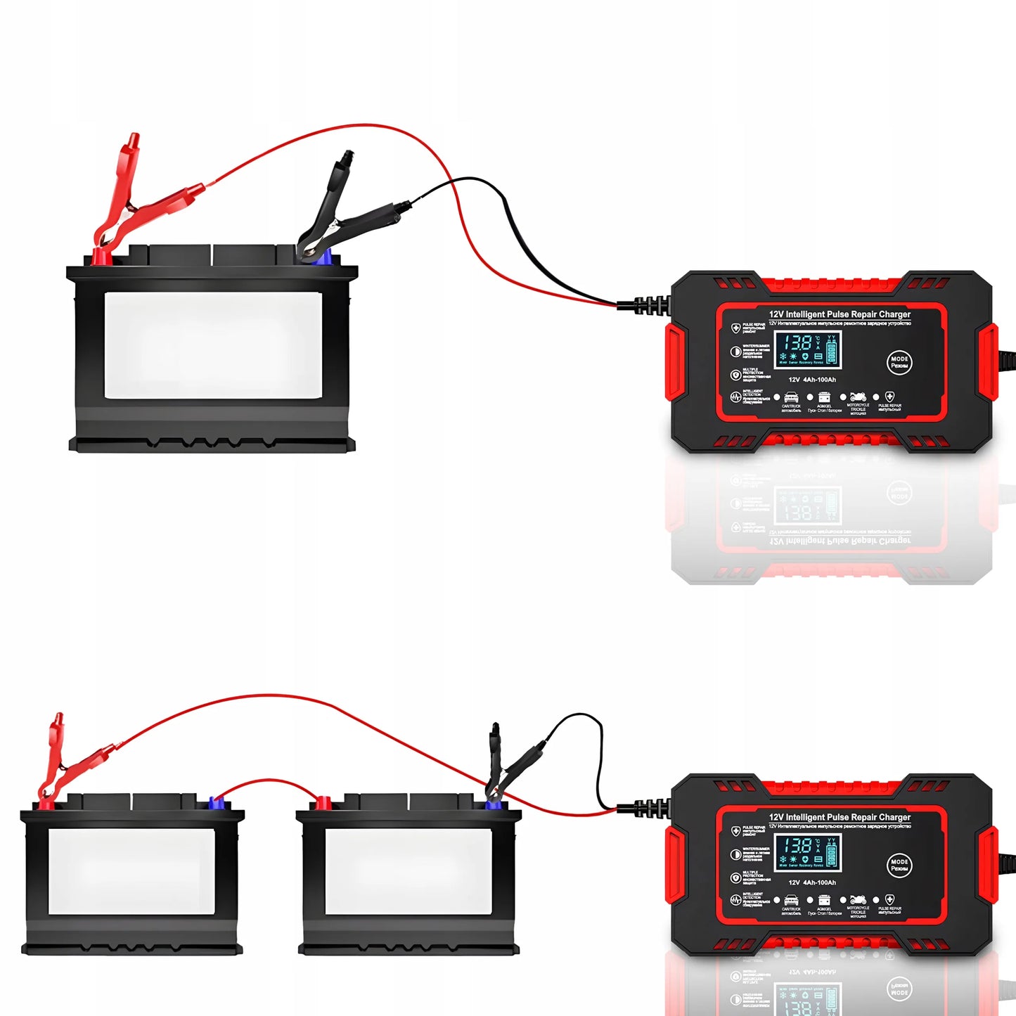 Išmanusis automatinis automobilinis akumuliatoriaus įkroviklis su remonto funkcija 12V LCD