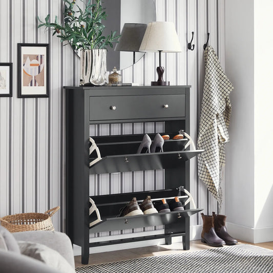Juoda aukšta batų spintelė su stalčiumi ir 2 durelėmis 80x25x108 cm FSR89-SCH
