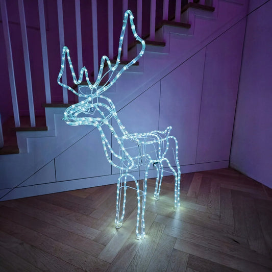 Kalėdinis LED šviečiantis lauko elnias su judančia galva XXL, 120 cm, baltas